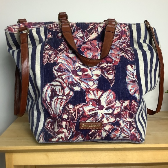 TOMMY Bahama Cotton Linen Tote w Pockets & Leather Handles - Picture 1 of 16